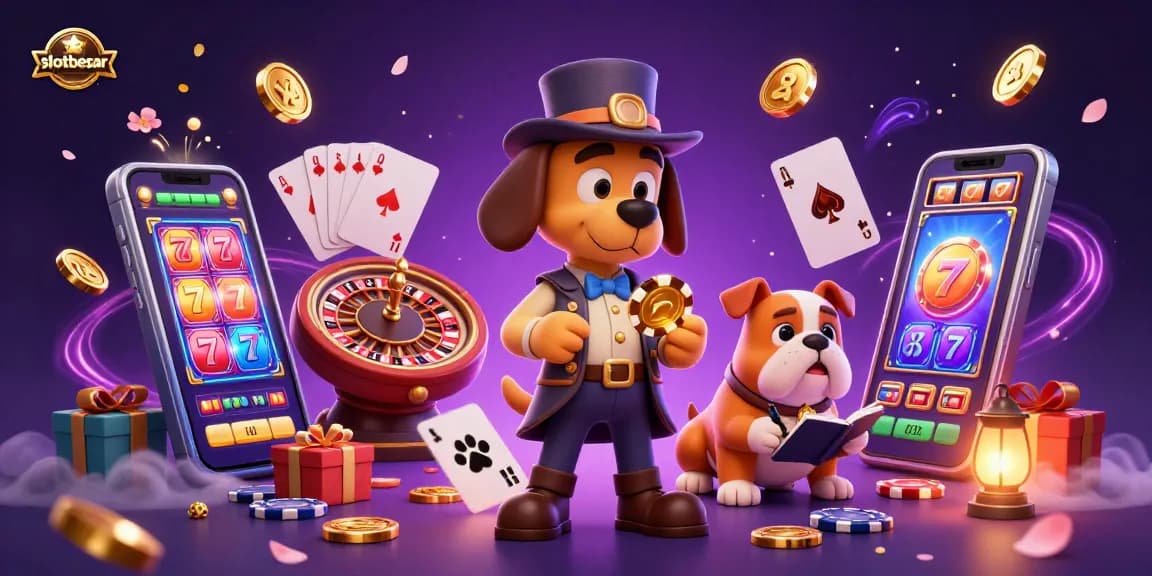 Engage with slotbesar and win big in a vibrant casino scene featuring lively slot characters and dynamic gaming elements.