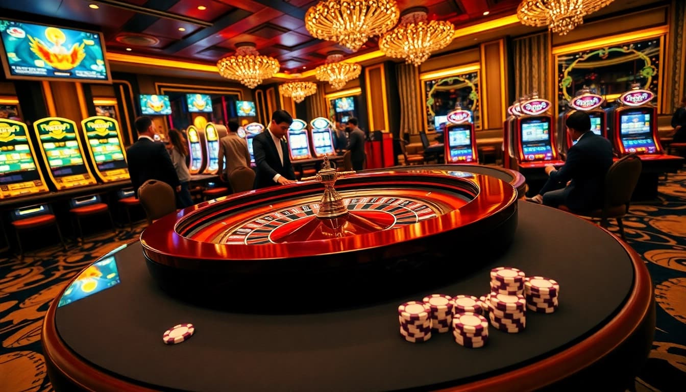 Experience the thrill of gambling with the vibrant scene "Nếu như vậy bám vào đây" showcasing roulette tables and poker excitement.
