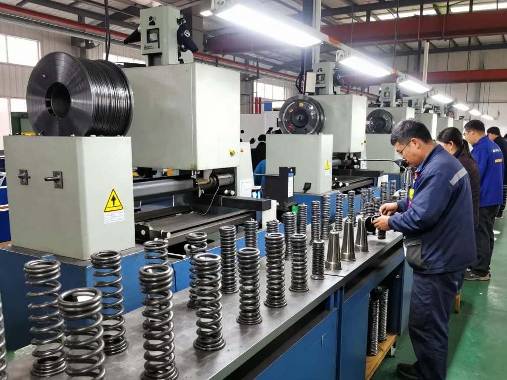Fabrica de arcuri care prezintă lucrători calificați în fabricarea diferitelor arcuri într-un mediu modern de fabricare.