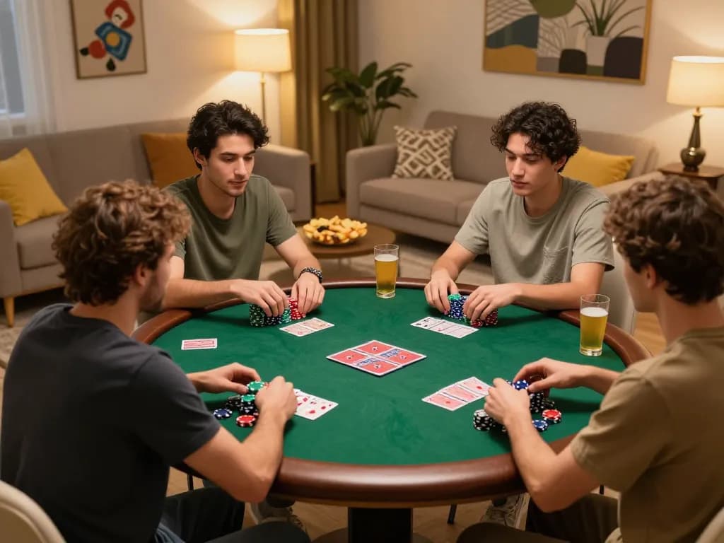 Players enjoy poker night at home, showcasing dn88 gaming experience surrounded by chips and cards.