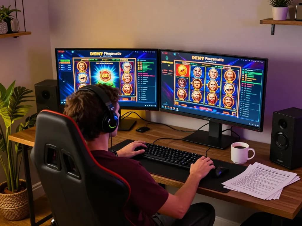 Engaged player spinning Demo Slot Pragmatic while analyzing strategy notes in a cozy online gaming setup.