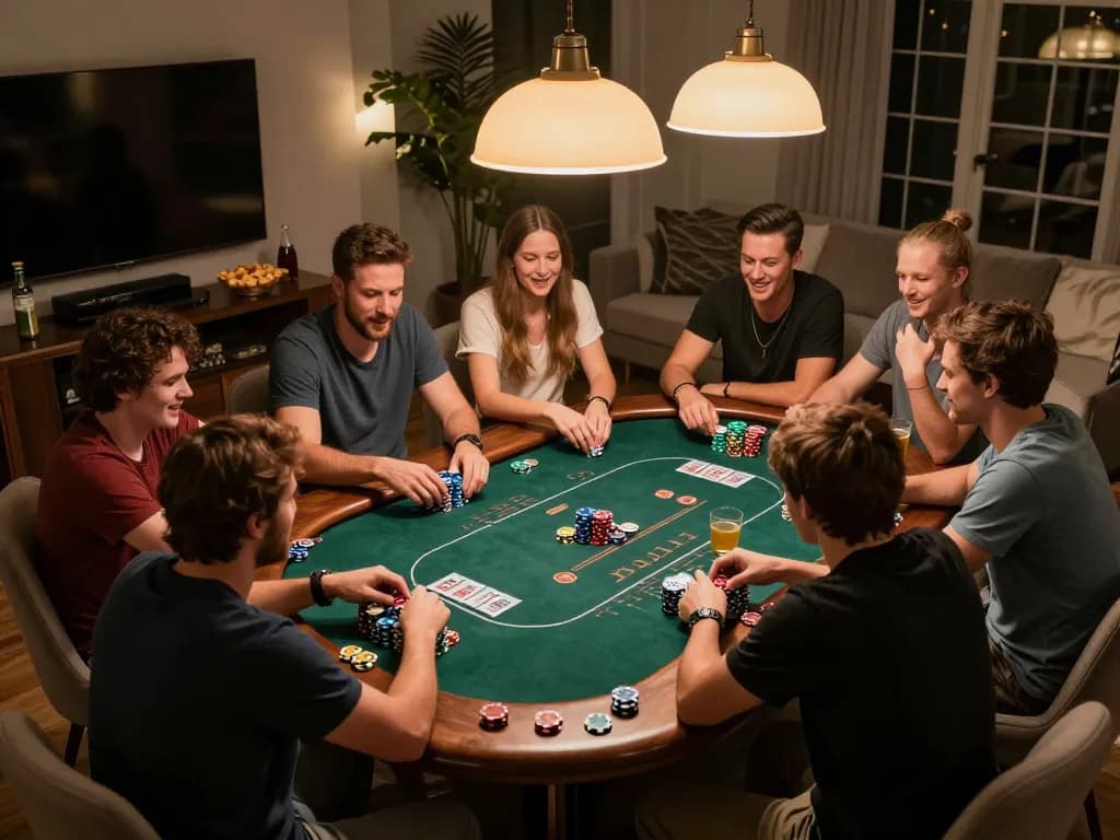 Friends enjoying a strategic poker game at home, featuring winstrike69 chips and exciting gameplay moments.