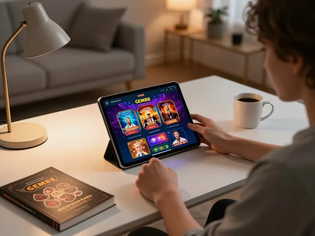 Person enjoying online gaming on the GEM88 app at home with a cozy setup, showcasing strategic play.