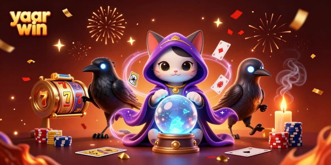 Engage in thrilling gameplay with yaar win, featuring a cartoon mystic cat and poker cards!