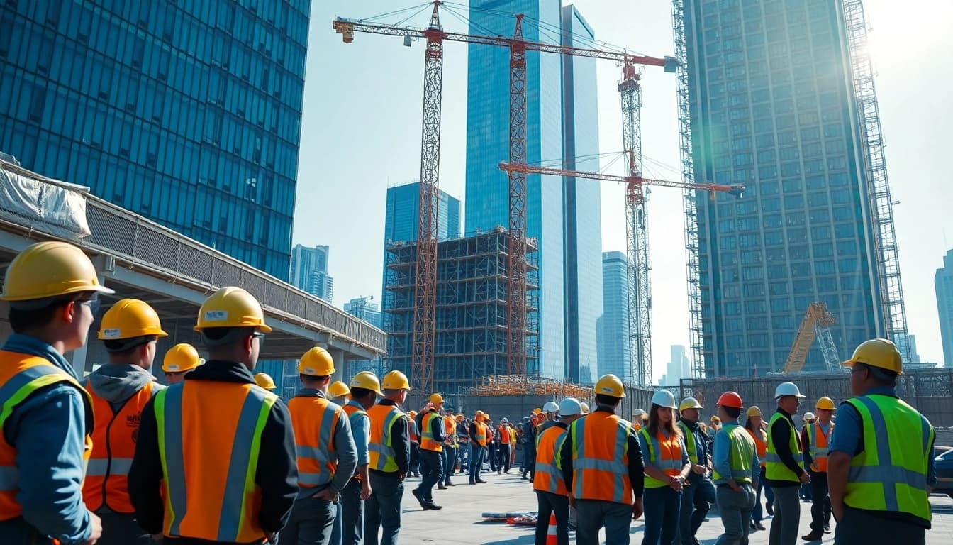 New York Commercial General Contractor overseeing construction project with diverse team members.