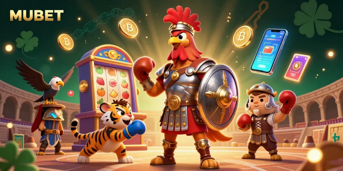 MUBET presents an engaging 3D cartoon illustration showcasing a gladiator rooster amidst vibrant slot machine action.