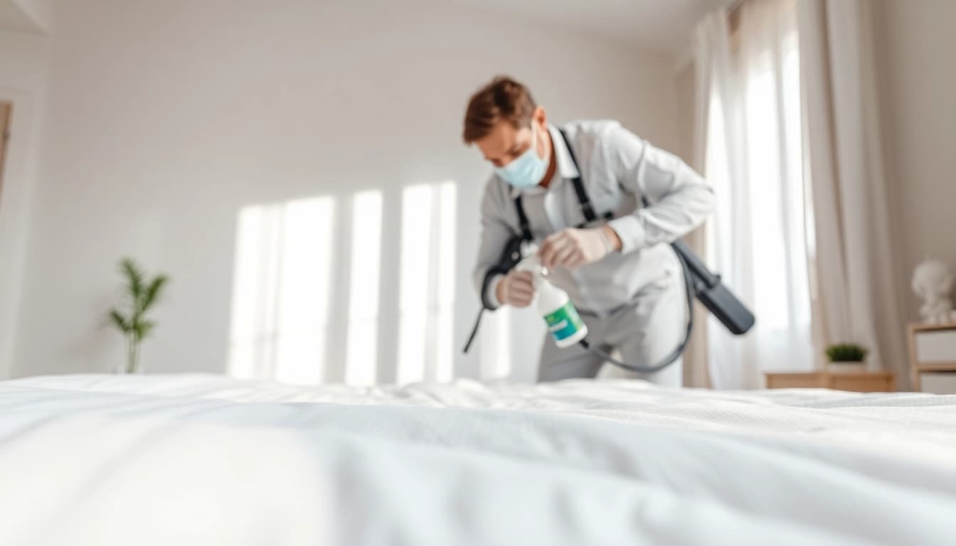 Applying bed bug chemical treatment by a pest control expert in a bedroom.