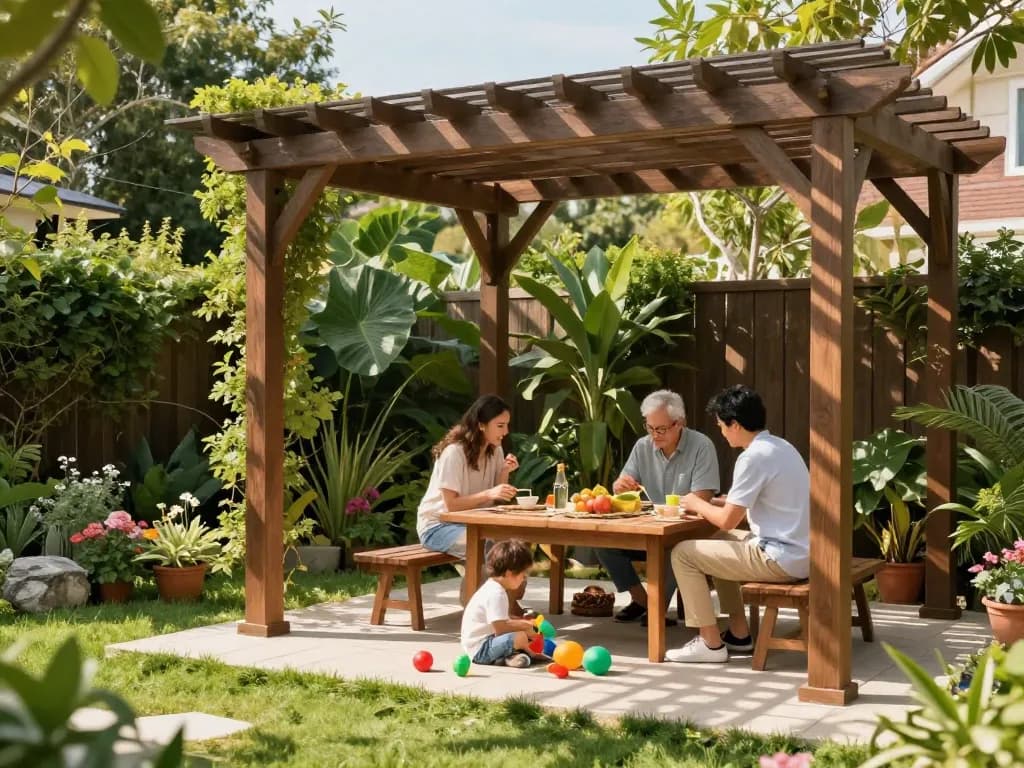 Family enjoying time under a 3D pergola configurator, surrounded by a vibrant garden and picnic setup.