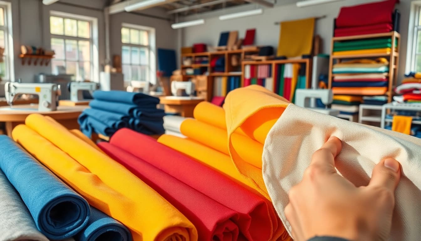 Bekijk de verschillende texturen van canvas stoffen in een goed verlichte werkplaats.