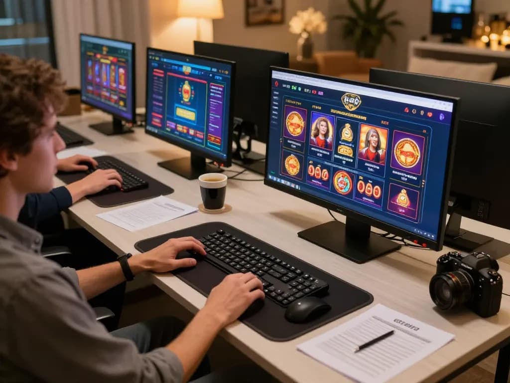 Engaging online gaming at g28 with multiple screens displaying casino games and strategic betting notes.