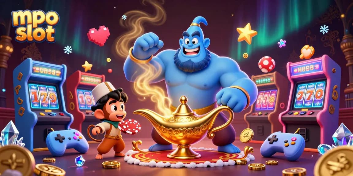 Experience the thrilling action of mpo slot with vibrant gaming elements and a magical genie!