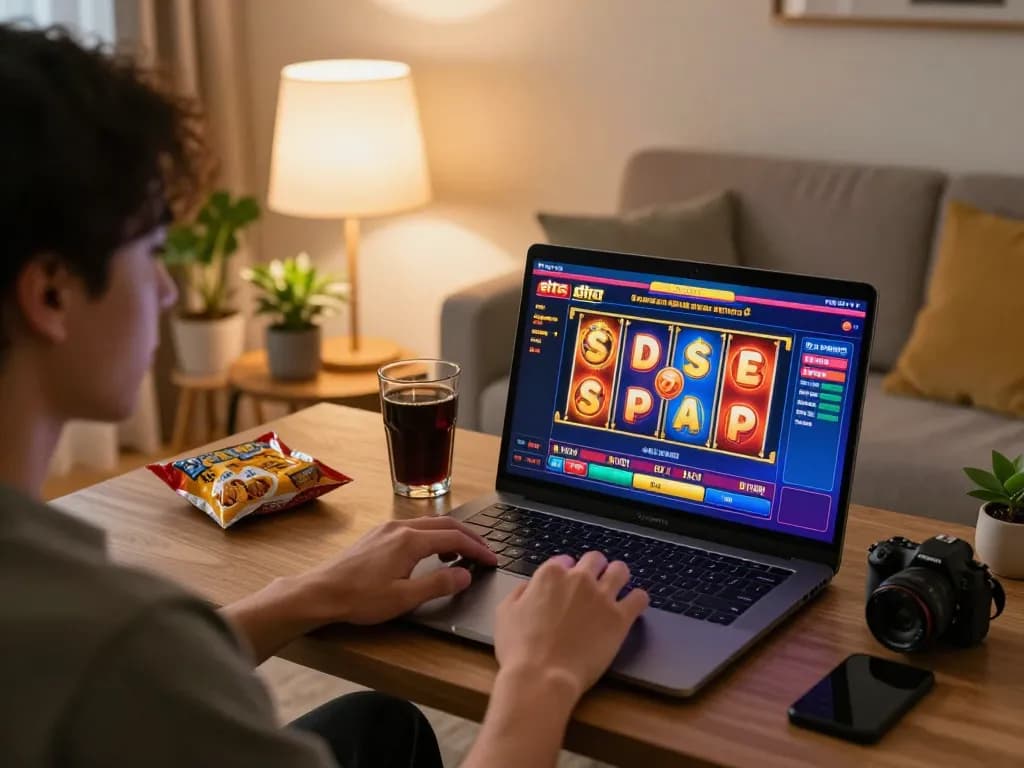 Engaging scene of a player enjoying situs slot games on a laptop in a cozy home environment, showcasing responsible online gambling.