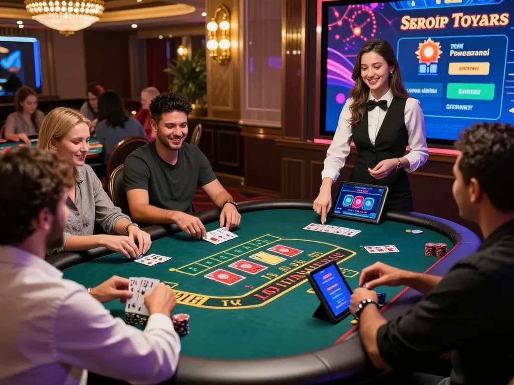 Engaging baccarat game experience at a vibrant online casino, showcasing players and technology in action, reflecting the excitement of 바카라사이트.
