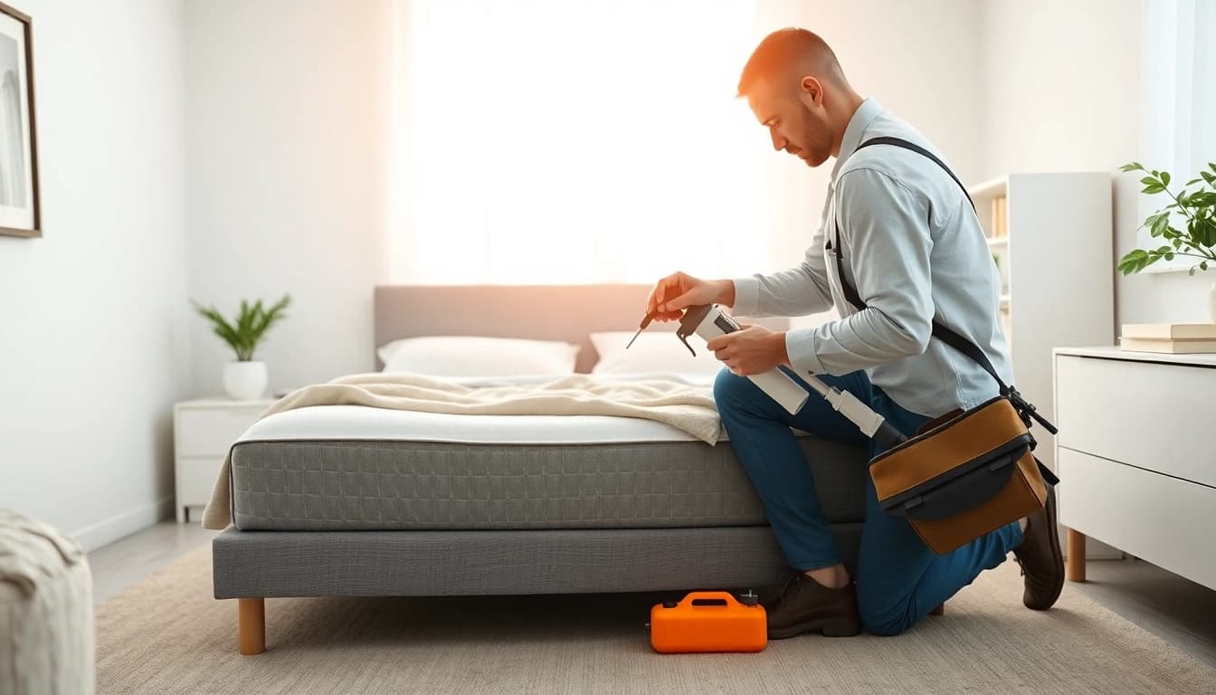 Applying bed bug chemical treatment by a professional technician in a clean, well-organized bedroom for effective pest control.