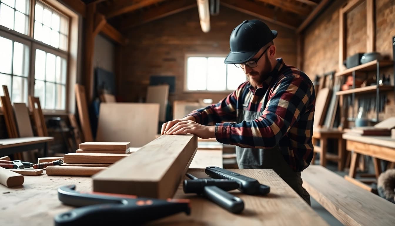 Skilled carpenter demonstrating techniques in a carpentry apprenticeship setting with tools around.