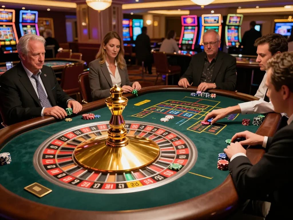 Players engaging intensely at a roulette table while strategizing bets on VB88, showcasing a vibrant casino atmosphere.