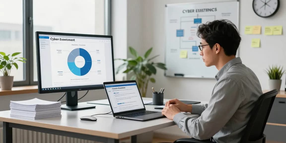 Consultant demonstrating how to get cyber essentials certified in a modern office setup.
