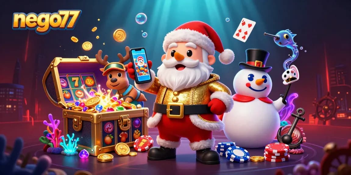 Engage with nego77's thrilling slot game experience vividly illustrated with casino elements.