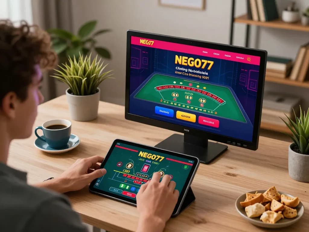 Engaged player enjoying NEGO77 online casino gaming on a tablet in a cozy home environment.