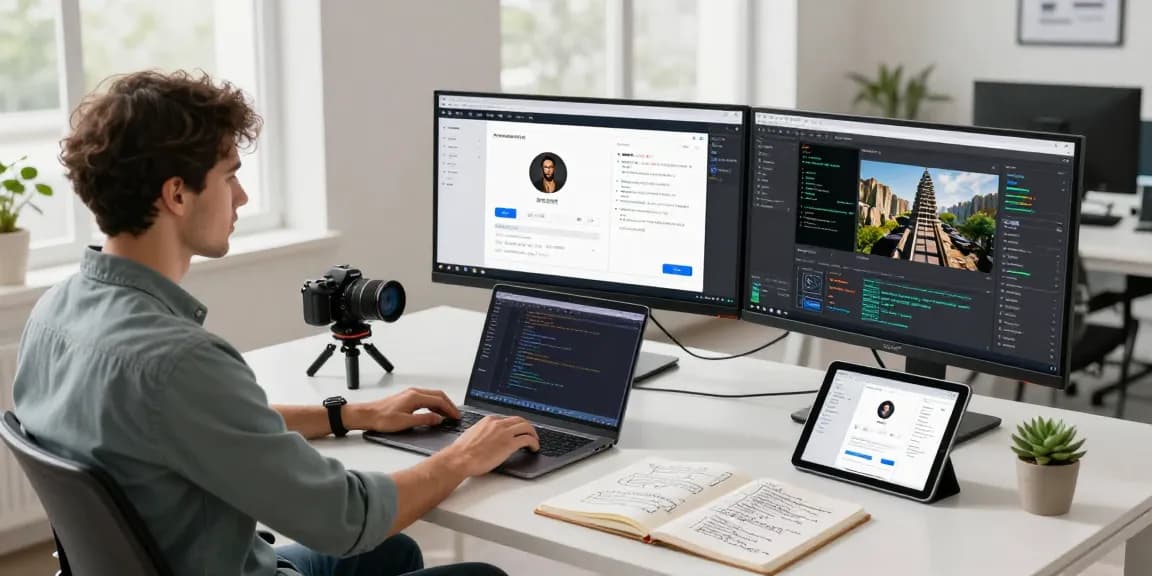 AI image detector workspace showing multiple screens analyzing images in a modern tech environment.