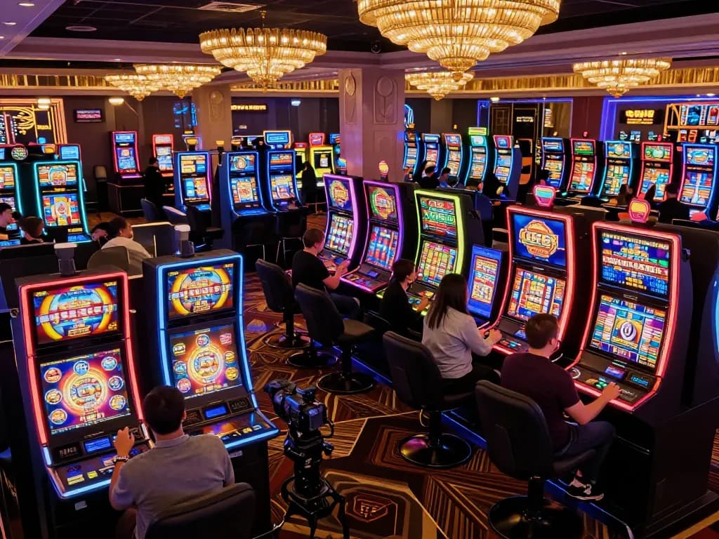 Players enjoy slot gacor gampang menang at a lively casino, celebrating multiple wins surrounded by colorful machines.