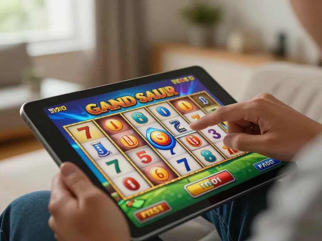 Player spins toto slot gacor game on tablet in cozy home setting, enhancing gaming strategy.