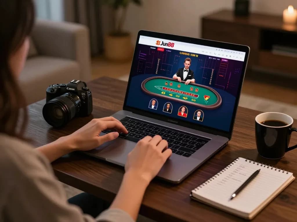 Players enjoying blackjack on Jun88's online casino, emphasizing strategic gameplay and home comfort.