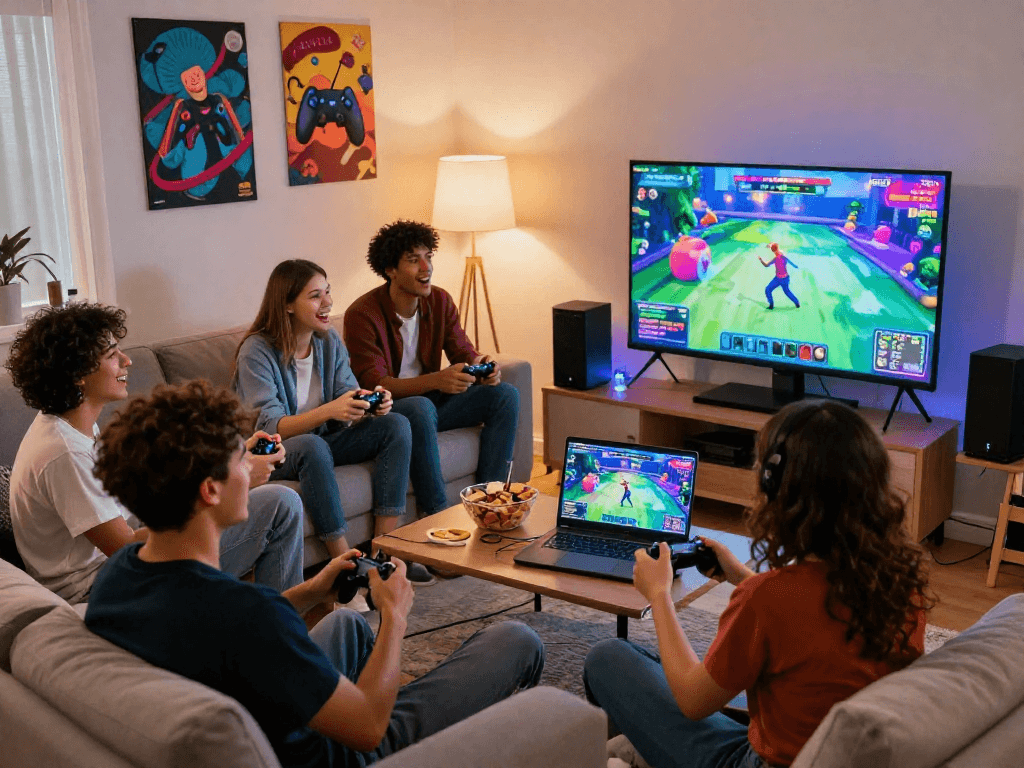 Friends enjoying a vibrant sex game night in a cozy living room with gaming controllers.