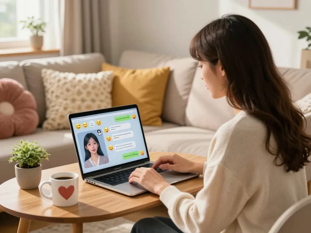 A woman interacting with her AI girlfriend chatbot on a laptop in a cozy living room, showcasing a colorful conversation.