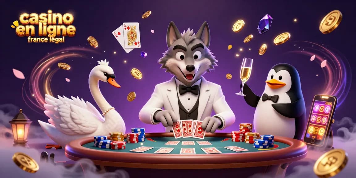 Jouer aux jeux au casino en ligne France légal avec des personnages animés, cartes et pièces d'or en vol.