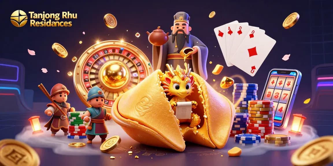 Tanjong Rhu Residences showcases a whimsical casino scene with a golden fortune cookie, dragon, and dynamic gambling elements.