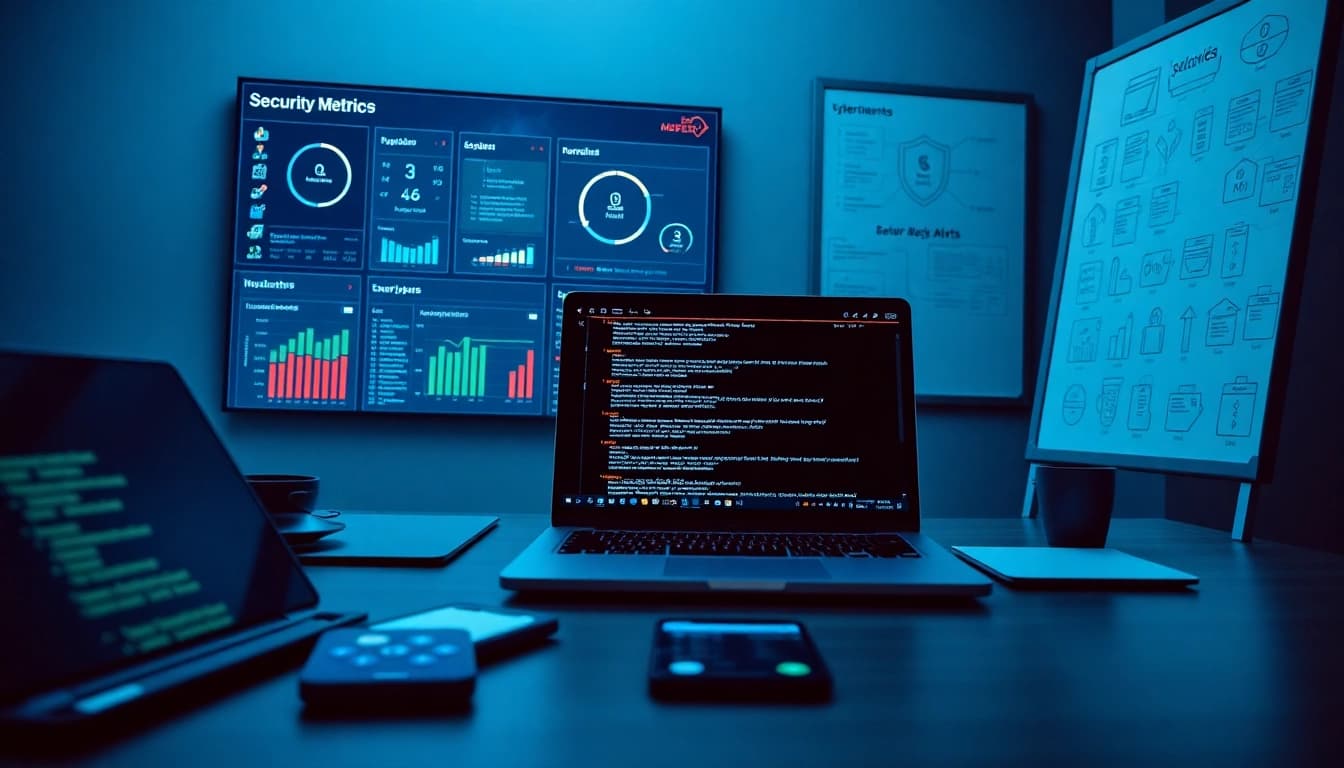Modern workspace showcasing infosec metrics and cybersecurity tools on digital screens.