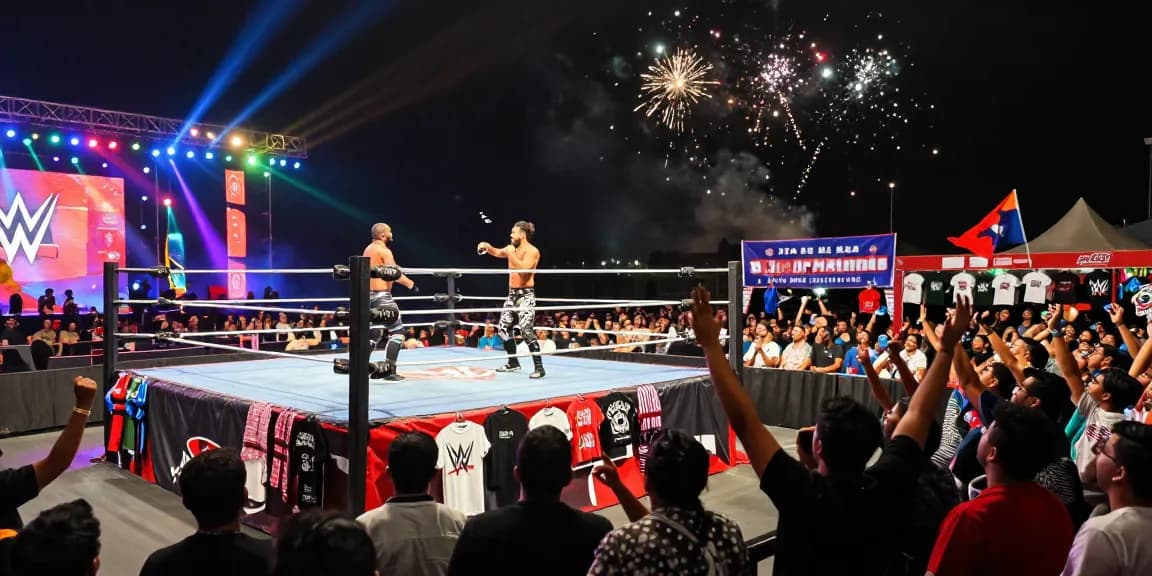 WWE Saudi Arabia event with fans cheering and wrestlers performing in a vibrant stadium setting.