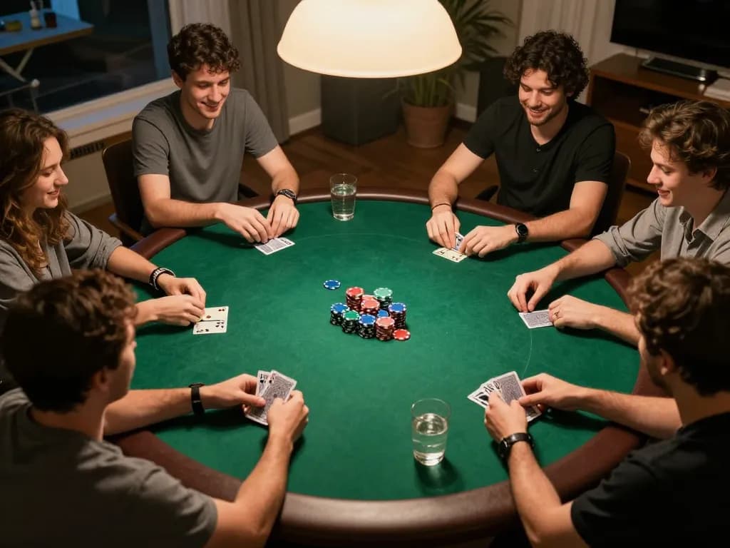 Engaged players strategizing with 789win2 poker chips and cards during a friendly home game.