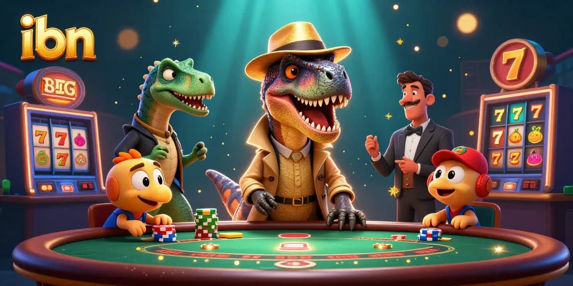 Engage with the vibrant world of ibn where a velociraptor card counter and stegosaurus pit boss play at a slot table.