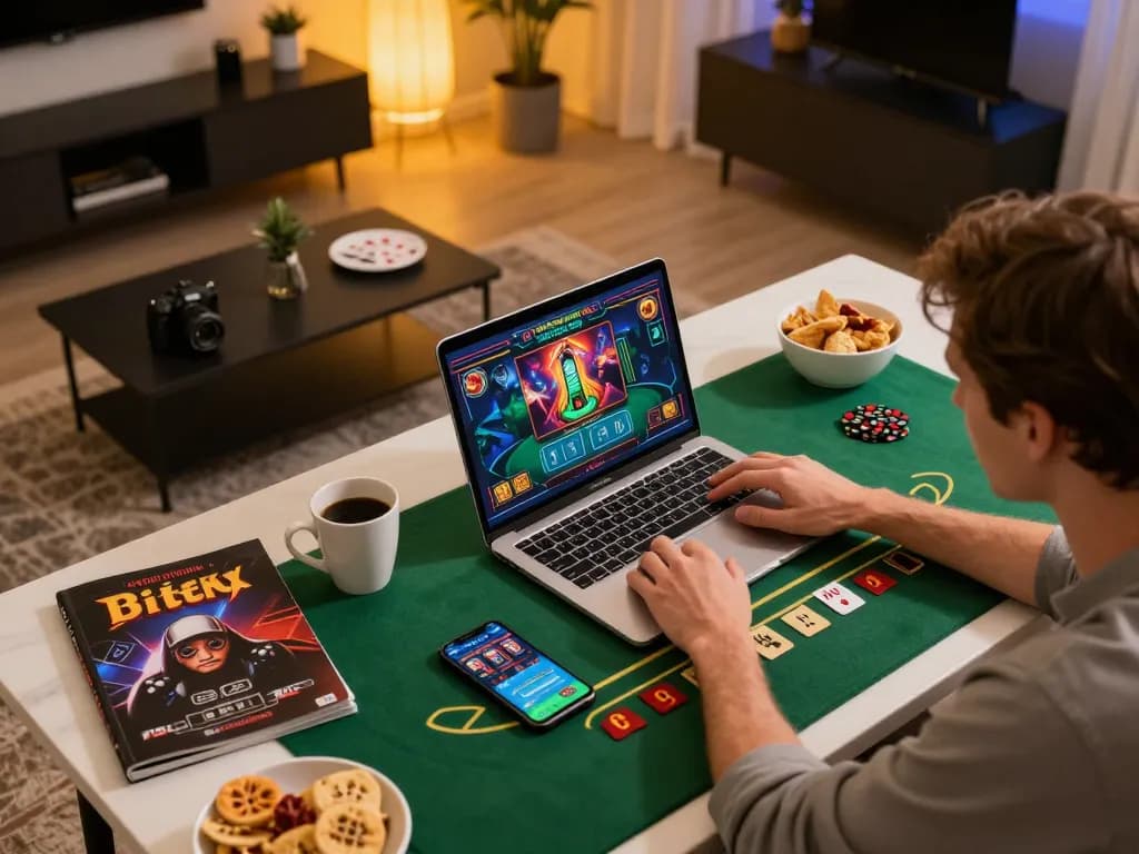 Person playing casino americani online blackjack at home with strategy notes.