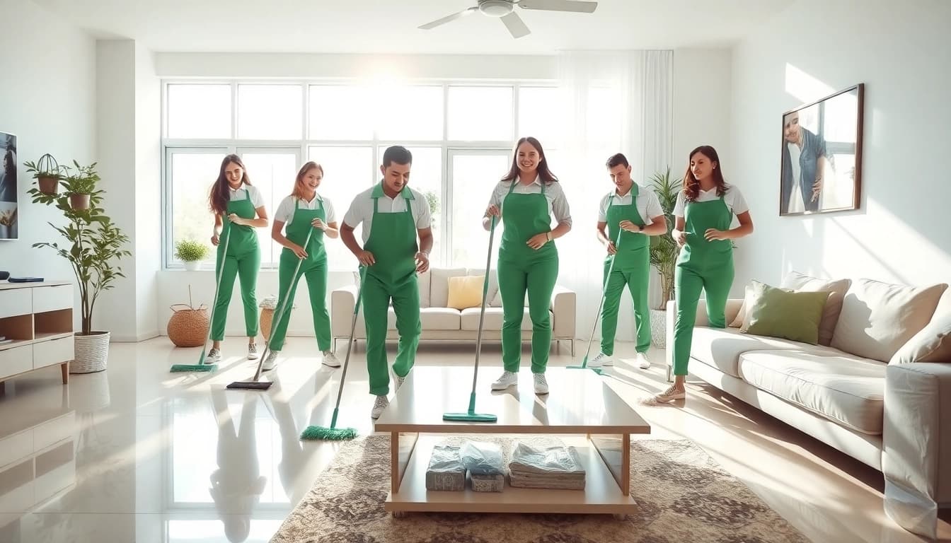 Cleaning Service team efficiently cleaning a living room with eco-friendly supplies.