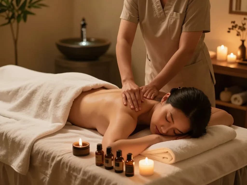 Relaxing 부전동마사지 scene with massage therapist and soothing ambiance.