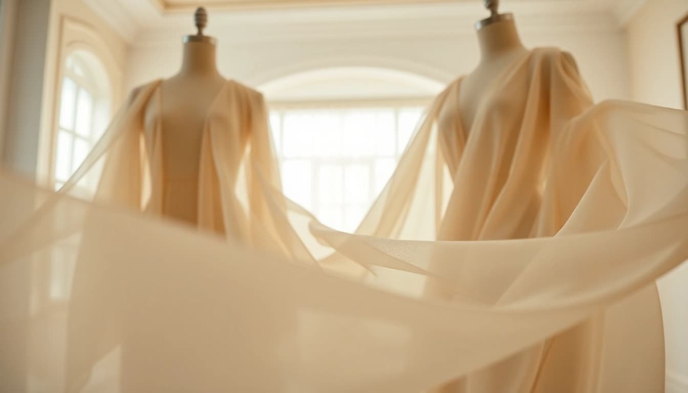 Chiffon stoffen zichtbaar in elegante setting met vloeiende texturen.