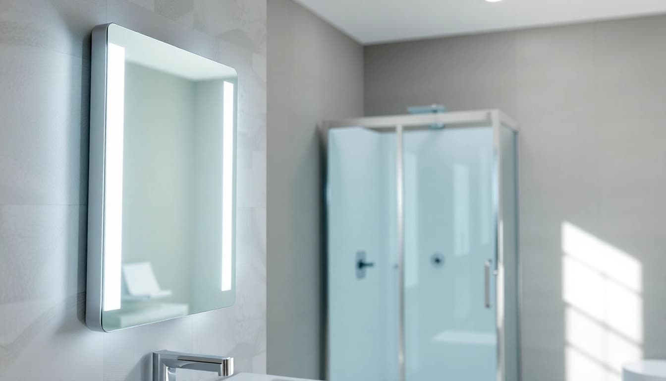 Admiring Sirhona France products, a sleek LED mirror enhances modern bathroom aesthetics.
