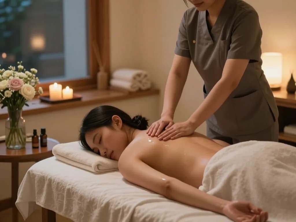 A serene hotel room featuring a skilled therapist providing an 인천 출장마사지 with aromatic oils, promoting relaxation and healing.