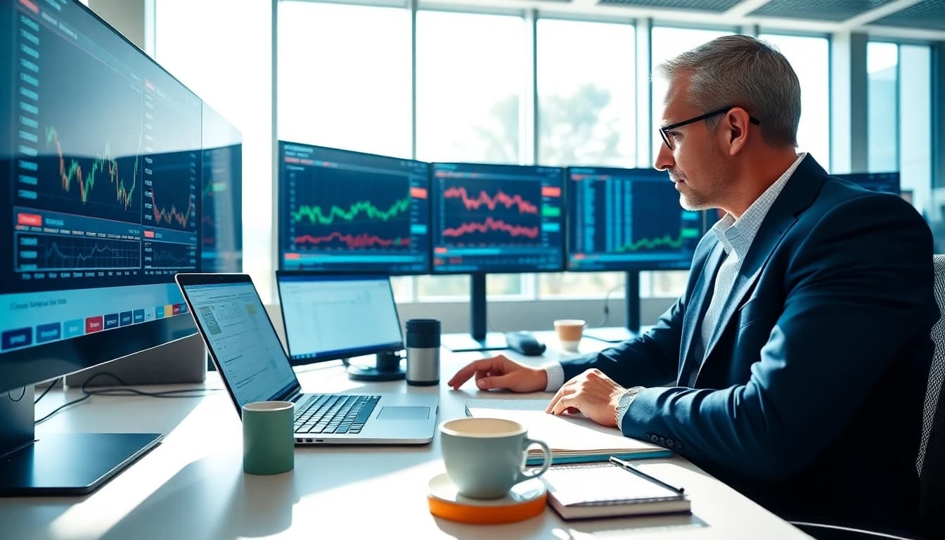 Learn how to trade stocks in Saudi Arabia with a professional trader focused on stock charts in a bright office.