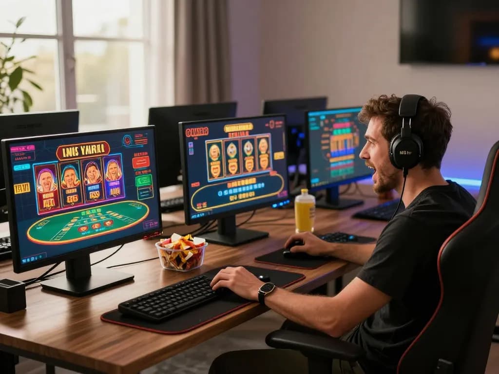 DABET players engaging in strategic online gaming on multiple screens, highlighting excitement in a modern setup