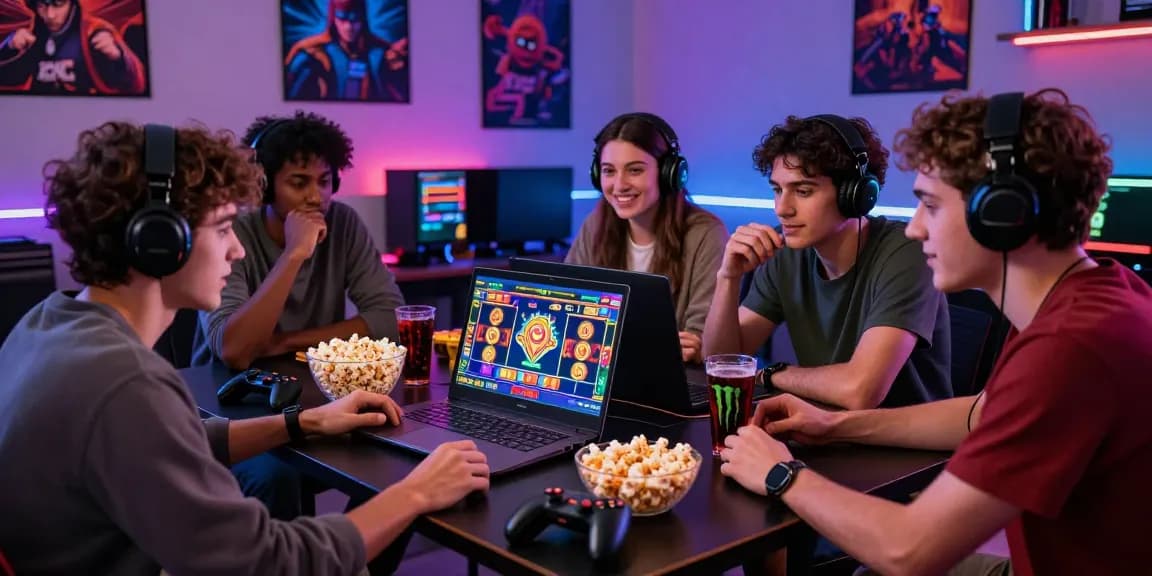 Engaging slot depo 5000 gaming scene with friends enjoying online slots, showcasing excitement and camaraderie.