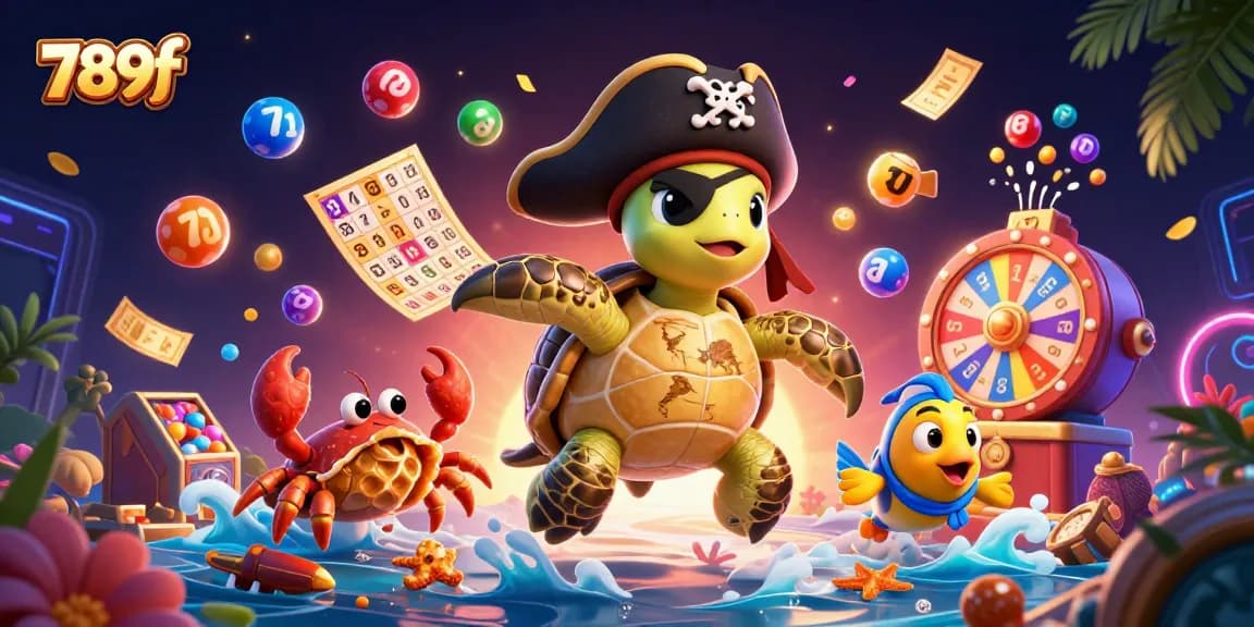 Join the vibrant world of 789f with a thrilling scene of gambling excitement featuring colorful lottery balls and animated characters.