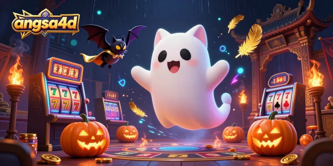 Experience the thrill of angsa4d slots with a friendly ghost cat and vibrant casino surroundings.