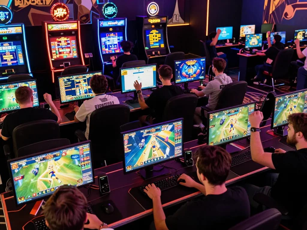 Engaging players compete in the exciting alexis77 slot online gaming session, showcasing vibrant screen displays and enthusiastic reactions.
