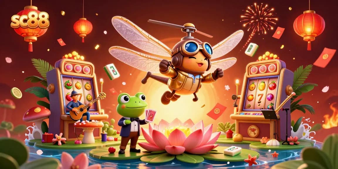 sc88 casino lively scene with a dragonfly pilot, frog croupier, and jazz musicians.