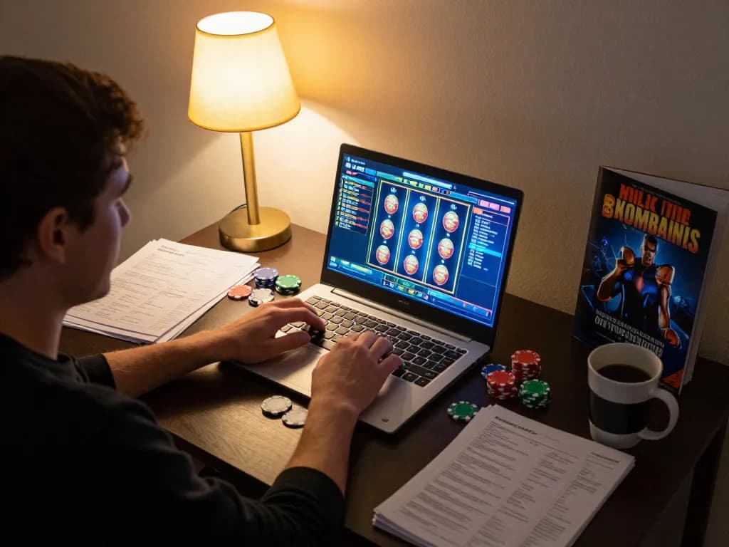 Player engaging with situs gacor during a home gaming session using laptop and poker chips