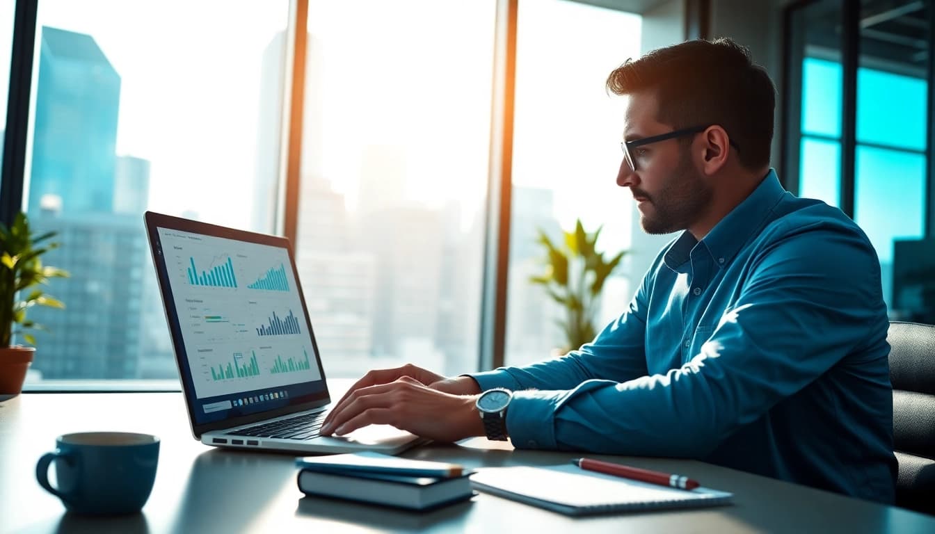 Analyze competitive intelligence data in a modern office with charts and graphs.